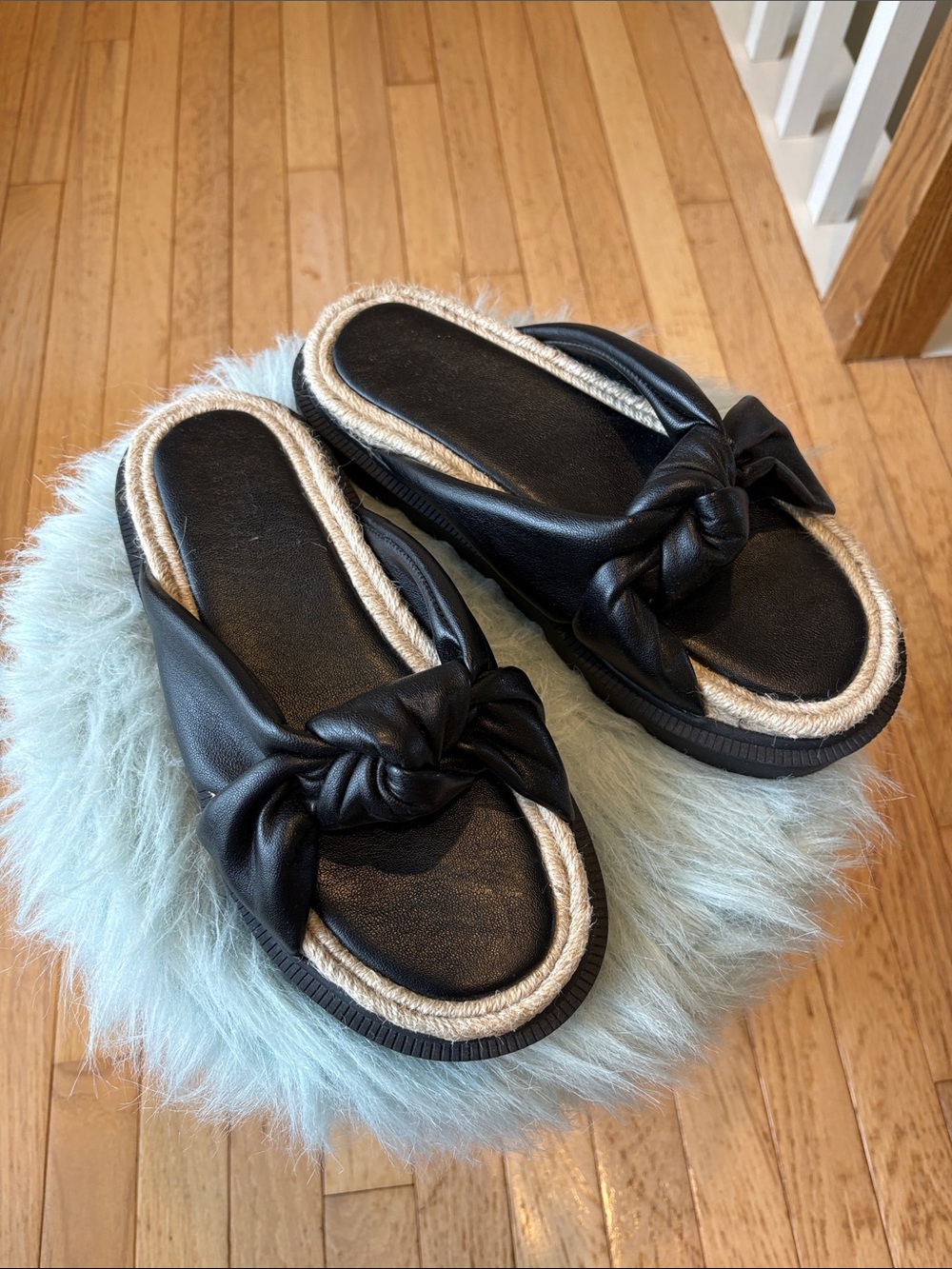 Black Knot Front Slide Sandals with Rope Trim